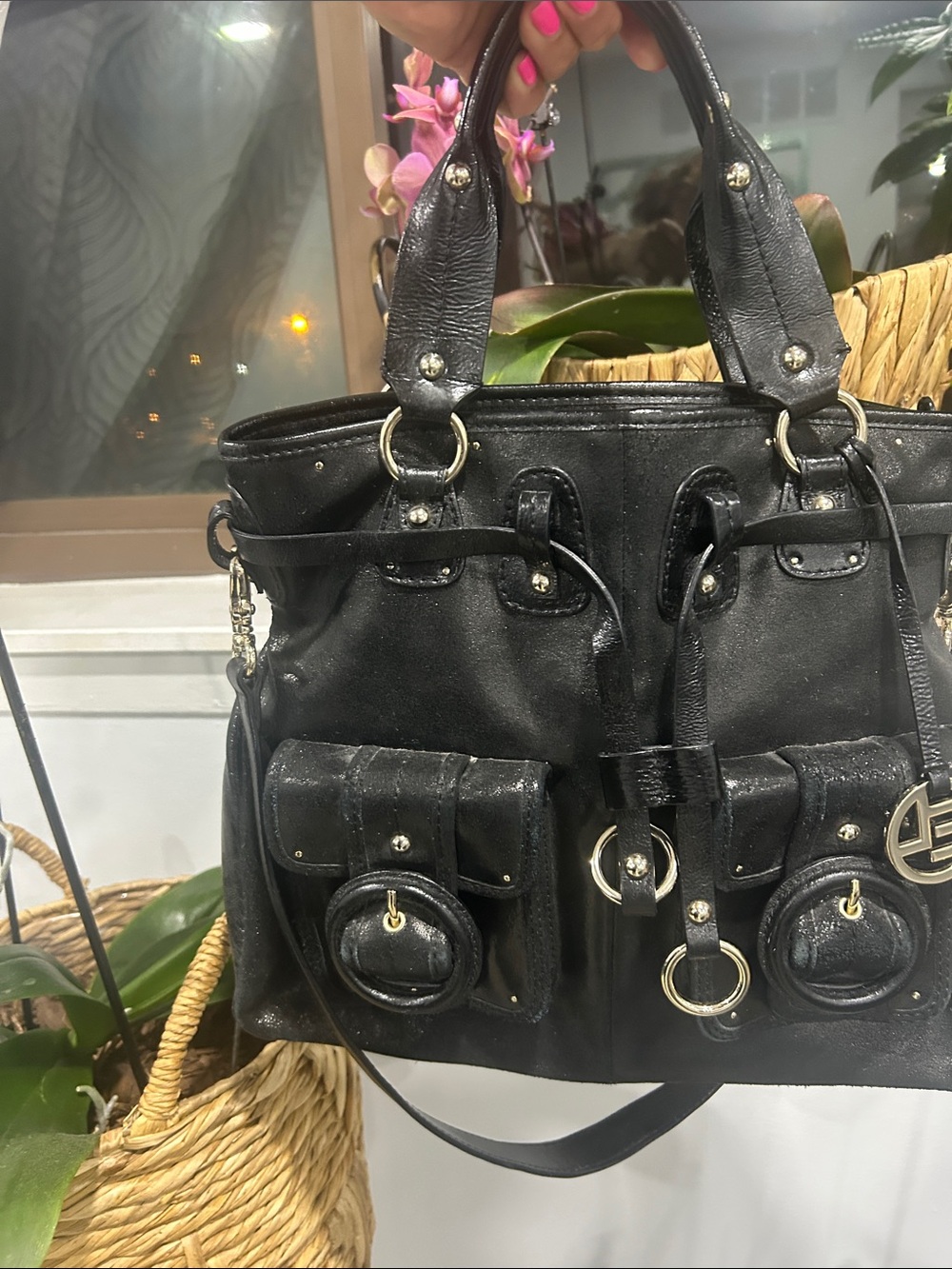 Elliott Lucca Black Leather Pocketed Shoulder Bag